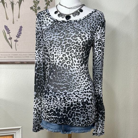 Vintage 90s Y2k Black White Leopard Sheer Long Sleeve Top Gyaru Trashy Bimbo M - Picture 2 of 8